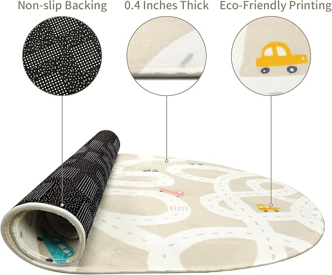 LIVEBOX 4'x6' Toy Car Rug for Kids Room, Machine Washable Area Rug, Non-Slip Road Mat for Playroom, Educational Car Playmat for Nursery, Skin-Friendly Carpet for Bedroom, School