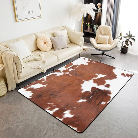 Erosebridal Cow Print Rug, Brown White Cowhide Area Rug 5x7, Farmhouse Animal Hair Carpet for Kids Teens Adult, Milk Western Cowboy Rustic Washable Decorative Rug for Living Room