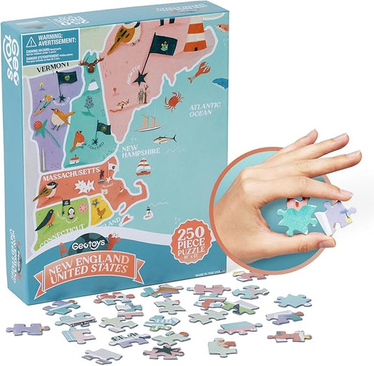 Geotoys New England Region Jigsaw Puzzle - 250 Piece Puzzle for Kids - Jigsaw Puzzles for Kids Ages 8-12 Years Old - Geography Puzzles with Colorful Landmarks, United States Flag and More