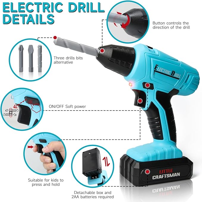 LOYO Kids Tool Set - 50 PCS Pretend Play Kids Toy Tool Box with Kids Construction Vest and Electronic Toy Drill Set for Toddlers Boys Ages 3 , 4, 5, 6, 7 Years Old Christmas Birthday Gift (Blue)