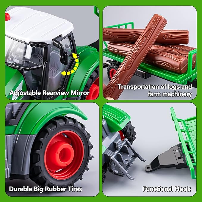 Gift for 5 Year Old boy Kids Remote Control Truck Toddler Farm Toys for Boys Age 4-7 Kids Remote Control Tractor for Boys 4-7 1/24 Scale Log Trailer