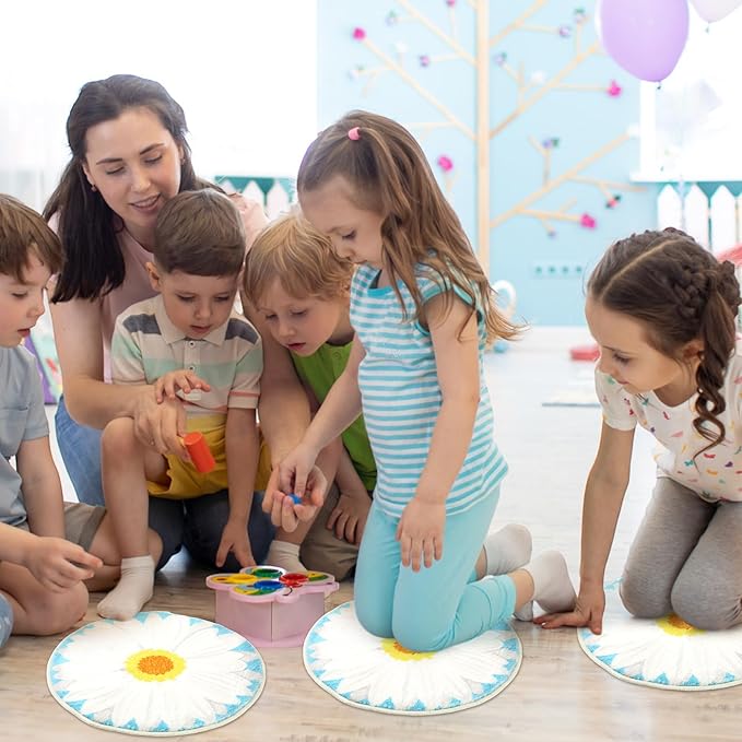 8 Pcs Classroom Carpet Kids Rug 15 x 15 Inch Back to School Supplies Round Non Slip Mat for Nursery Kindergarten Playroom Bedroom(Daisy)