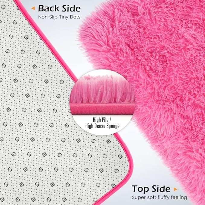 Amearea Shag Fluffy Area Rug for Bedroom Girls Living Room, Extra Soft and Fuzzy Shaggy Rugs, Non Slip, Solid Color Carpet Mat for Boys Nursery Home, Hot Pink 5.3x7.5 Feet