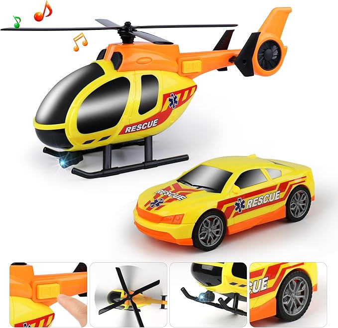 Dwi Dowellin Semi Truck Toy with Lights & Sounds, Racing Car & Helicopter - Birthday Gift for 2-5 Years Old Boys & Girls