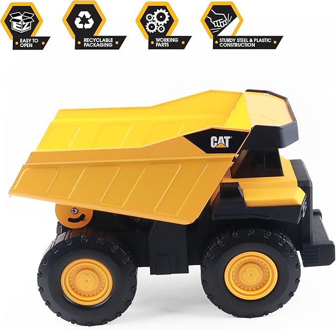 CAT Construction Toys, Steel Dump Truck 16” – Real Steel Body, Working Dump Bed, Oversize All-Terrain Wheels, Heavy-Duty Construction Vehicle for Indoor/Outdoor Play, Kids Ages 3 +