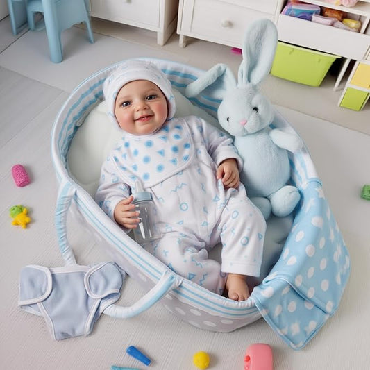 BABESIDE 8 Pcs Reborn Baby Doll Accessories with Bassinet for 17-22 Inch Baby Dolls, Babies Doll Clothes Outfit Accessories fit Reborn Doll Newborn Boy (Not Doll)