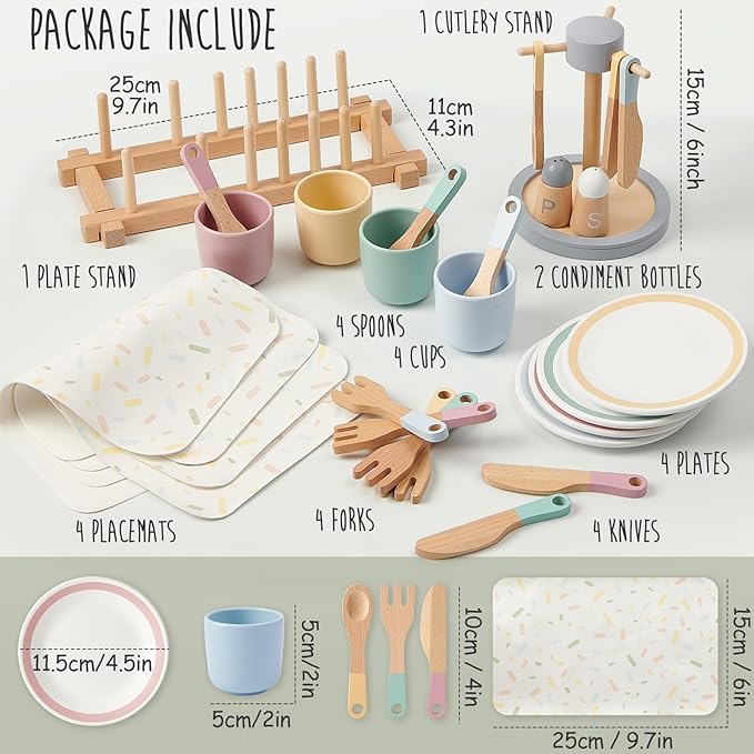 Wooden Play Kitchen Accessories Toys for Toddlers 3-5, Kids Play Kitchen with Realistic Plates & Dishes & Tableware, Montessori Pretend Christmas Birthday Gifts for 3 4 5 6 Years Girls Boys