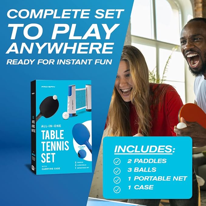 PRO SPIN All-in-One Ping Pong Set - Retractable Ping Pong Net for Any Table (72"), Ping Pong Paddles and Balls, Storage Case - Portable Table Tennis Family Games, Gifts for Boys & Girls