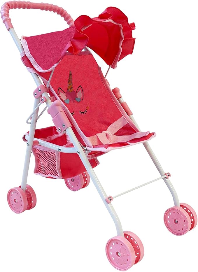 My First Baby Doll Stroller for Toddlers 3 Year Old Girls, Little Kids | Folding Baby Stroller for Dolls, Toy Stroller for Baby Dolls with Bottom Storage Basket, Foldable Frame, Canopy, Seatbelt