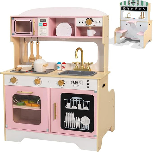Garsing Toy Kitchen Playset with Real Sounds and Lights, Double Sided Kids Kitchen Playset with Restaurant, Wooden Play Kitchen with Cutting Food Set and Cooking Accessories for Kids Ages 3-8, Pink