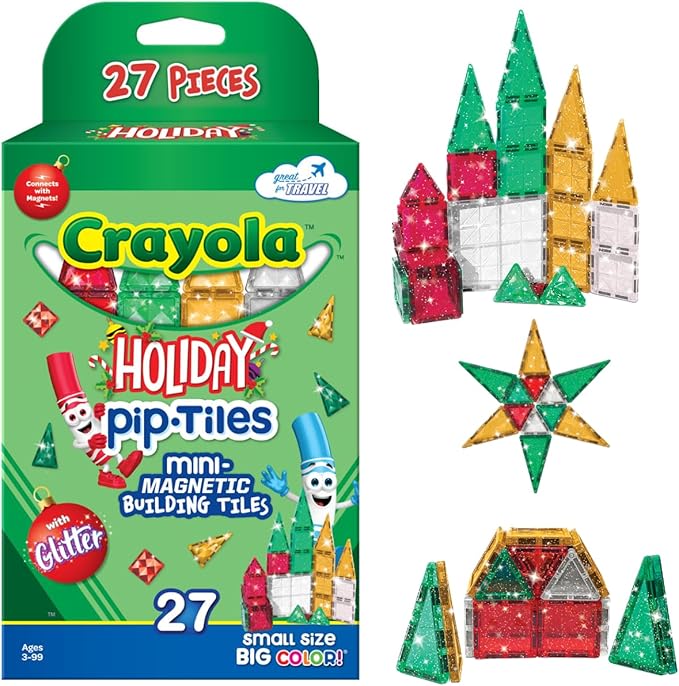CreateOn Crayola Holiday Glitter Mini PIP Magnetic Tiles, Magnetic Kids’ Building Toys, STEM Learning Travel Toys for Boys and Girls, 27-Piece Set