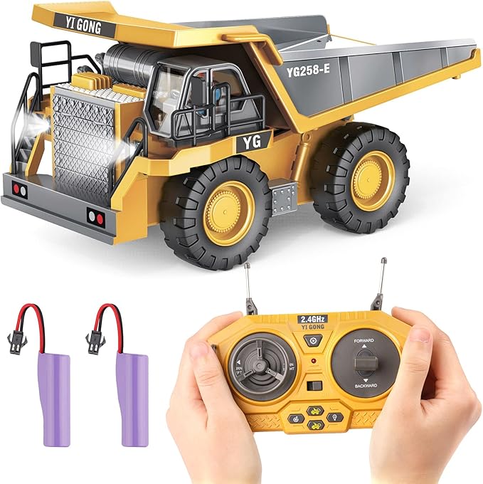 PREPOP RC Dump Truck Toy for Kids, Remote Control Construction Toys Vehicle with Metal Bed and Light/Music, Birthday Gifts Ideas for Boys Age 6 7 8 9 10 Year Old and up