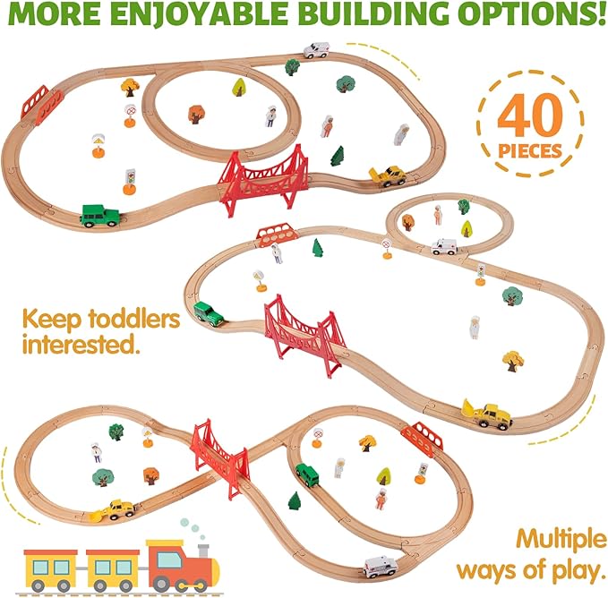 Wooden Train Set for Kids Ages 4-8, Wood Train Track with Magnetic Toy Train Accessories for Toddlers 3-5 Year Old Boy & Girl, Railway Set Road Sign Fit Major Brand Christmas Toy (40 Pieces)