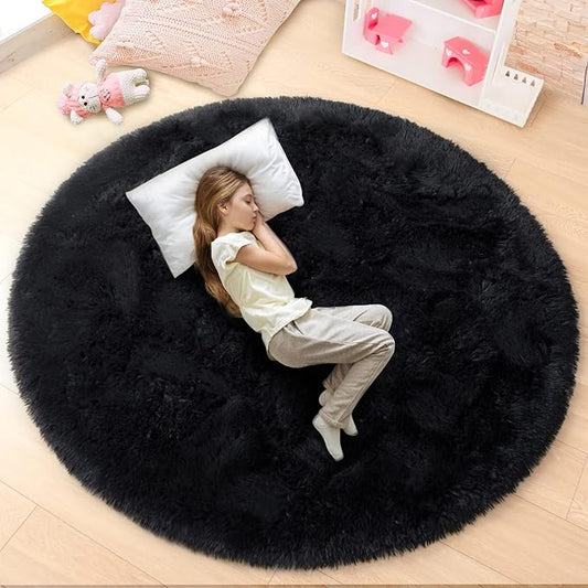 junovo Round Rug 6x6 Feet Fluffy Soft Area Rugs for Kids Girls Room Princess Castle Plush Shaggy Carpet Cute Circle Nursery Rug for Kids Teen's Bedroom Home Decor Large Circular Carpet, Black
