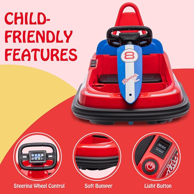Hetoy Bumper Car for Toddlers, 6V Electric Ride On Toys for Kids, 1.9 MPH Max Speed, Steering Wheel, 360 Degree Spin, 2-Speeds, Lights, Music & Horn, Birthday Gift for Boys Girls 2-6 Years, Bright-Red