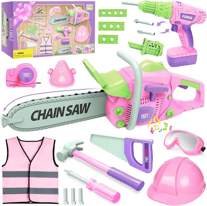WishaLife Kids Tool Set for Girls - Toddler Tool Set with Toy Chainsaw, Drill, Pretend Play Construction Tools Toy Gift for Kids Age 3 4 5 6 7