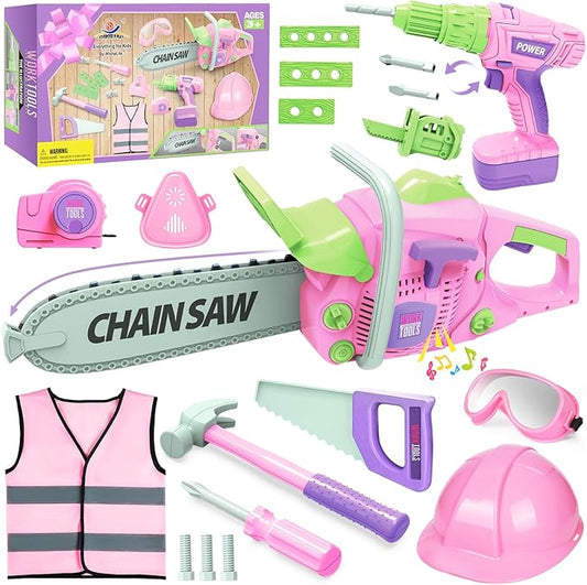 WishaLife Kids Tool Set for Girls - Toddler Tool Set with Toy Chainsaw, Drill, Pretend Play Construction Tools Toy Gift for Kids Age 3 4 5 6 7