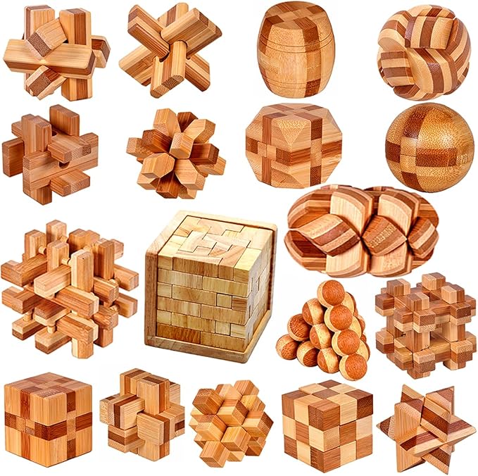 18 Pack Wooden Brain Teaser Puzzles Stress Relief Sensory Toys Wooden Burr Puzzles Brain Teaser Puzzle with Gift Packing Box Magic Puzzle Games Toy for Kids and Adults by AHYUAN (Bamboo)