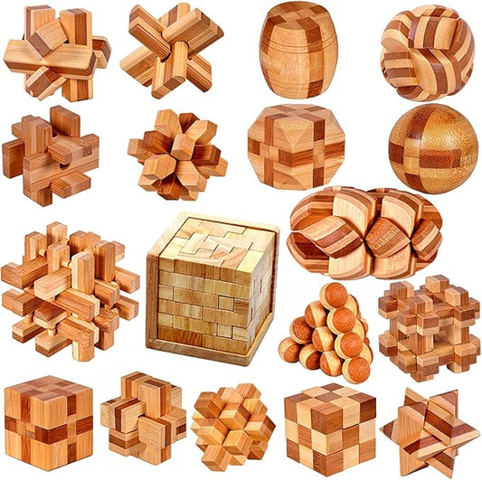 18 Pack Wooden Brain Teaser Puzzles Stress Relief Sensory Toys Wooden Burr Puzzles Brain Teaser Puzzle with Gift Packing Box Magic Puzzle Games Toy for Kids and Adults by AHYUAN (Bamboo)