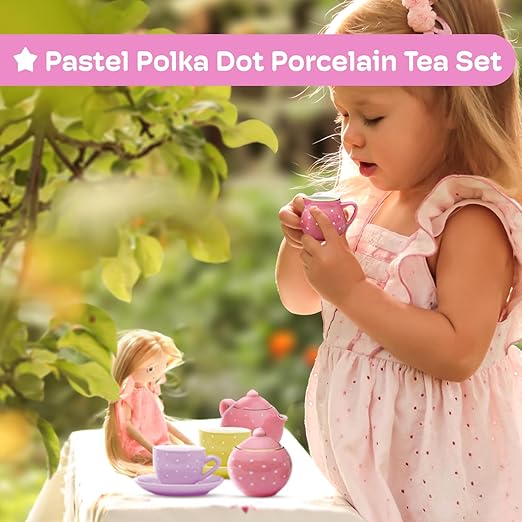 Jewelkeeper 13 Piece Complete Toddler Porcelain Tea Party Set - Exquisite Tea Cup Set for Little Girls - Includes Sugar Bowl, Creamer, Saucers in a Carrying Case - Colorful Pastel Dots