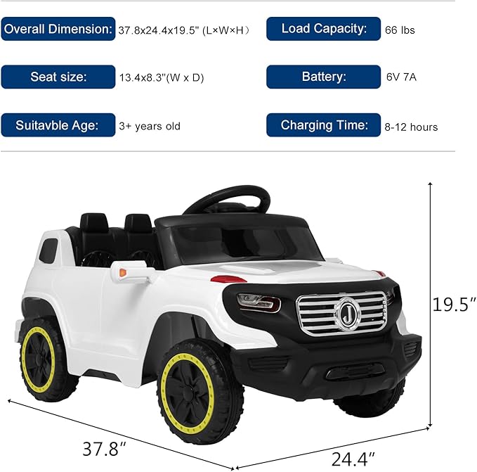 VALUE BOX Electric Remote Control Truck, Kids Toddler Ride On Cars 6V Battery Motorized Vehicles Children's Best Toy Car Safe with 3 Speeds, Music, seat Belts, LED Lights and Realistic Horns (White)