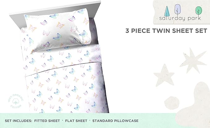 Saturday Park Ombre Butterflies Twin Sheet Set - 3 Piece 100% Organic Cotton Sheets - GOTS & Oeko-TEX Certified