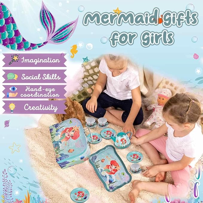 Mermaid Tea Party Set for Little Girls,Birthday Gifts for Age 3 4 5 6 Year Old Girls,Pretend Tin Teapot, Cups, Plates,and Food Sweet Treats Playset for Princess Tea Time Play Kitchen Toys