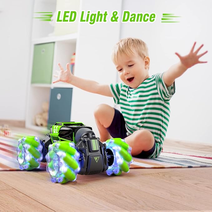 Powerextra LED Gesture Rc Car, 4WD Transform Remote Control Gesture Sensing Car, Double Sided 360° Rotating Off Road Stunt Car with Lights, Toy Car for 6-12 Year Old Boys & Girls