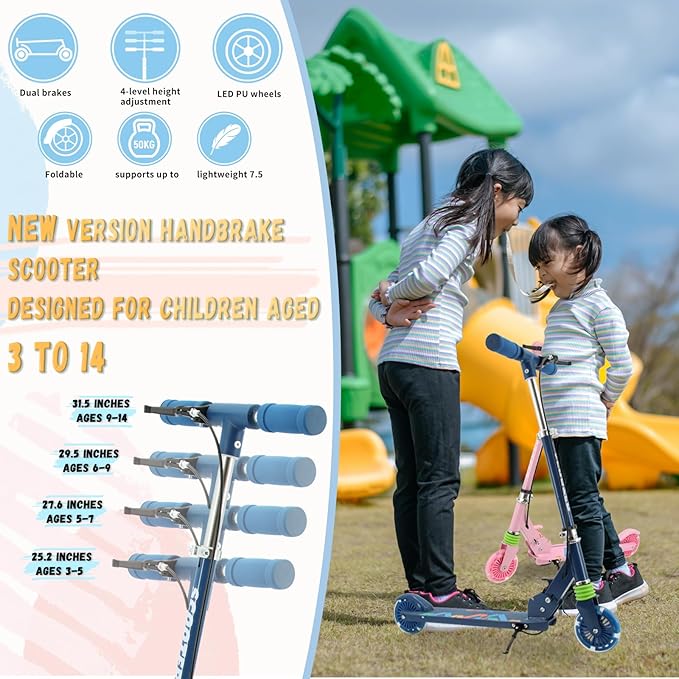 TENBOOM Scooter Kids Scooter with Handbrake, Toddler Scooter Scooters for Kids 3+, Light up LED Wheels Toys for Kids, Adjustable Handlebar, Foldable Scooter for Kids