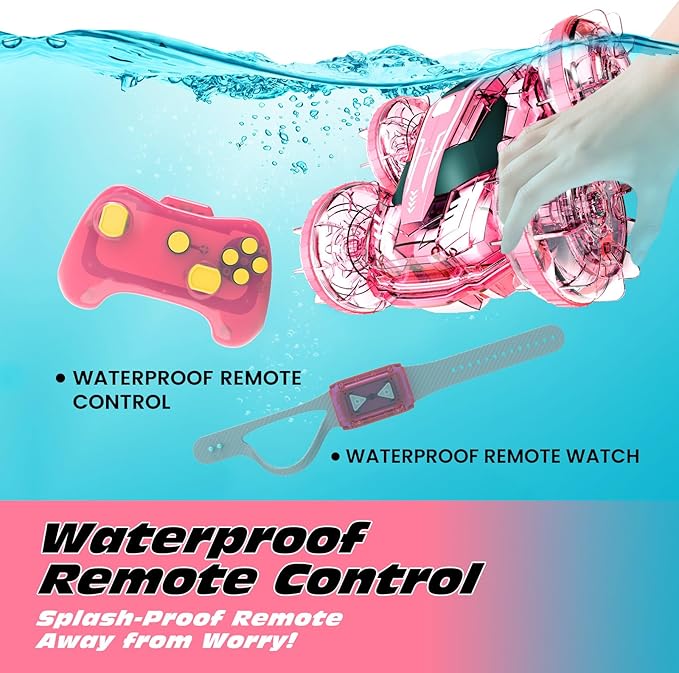 Tecnock Amphibious Remote Control Car Boat for Kids, 4WD RC Stunt Car with Waterproof Remote Control, 2.4GHz Gesture RC Cars with LED Lights, Water Pool Toys Gifts for Boys, Girls