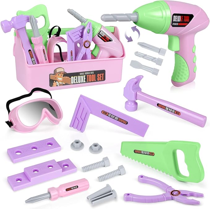 Kids Tool Set - Toddler Tool Playset with Toy Drill, Toy Tool Box, Construction Tools - Pretend Play Toddler Girl Toys Gifts for Toddlers Kids Aged 3 4 5 6 (Pink Tools)