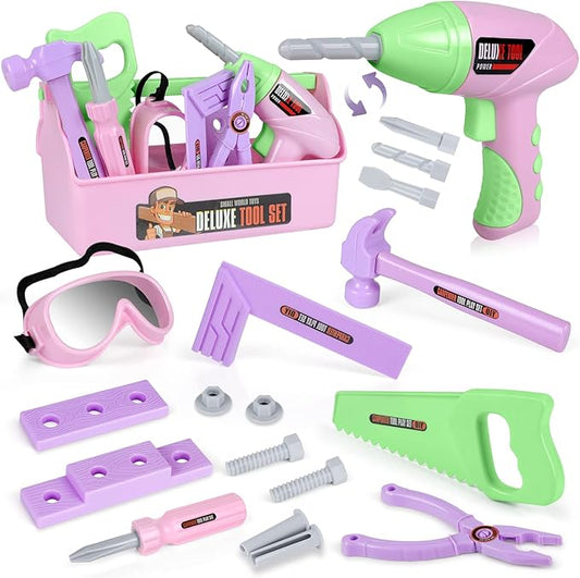 Kids Tool Set - Toddler Tool Playset with Toy Drill, Toy Tool Box, Construction Tools - Pretend Play Toddler Girl Toys Gifts for Toddlers Kids Aged 3 4 5 6 (Pink Tools)