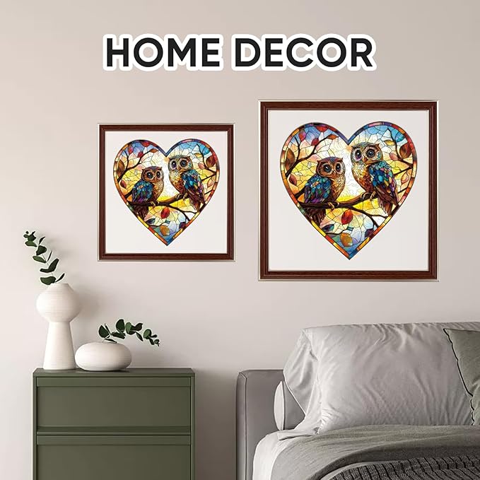 Stained Glass Heart Owls 500 Pieces Wooden Puzzles for Adults Unique Irregular Shape Fun Challenging Birds Puzzles for Kids and Couples on Birthday,Mother’s Day,Christmas 16.7"x16.5"