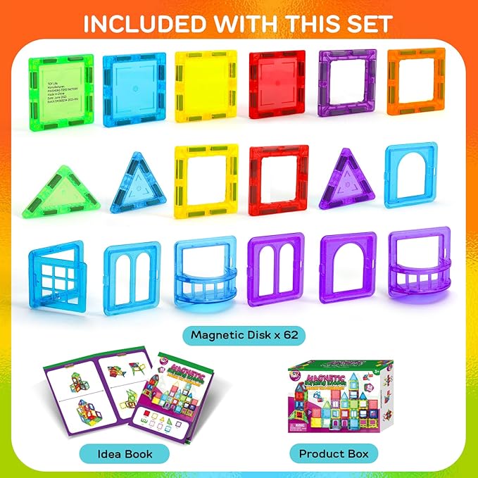 TOY Life Magnetic Tiles for Toddlers 3-5 62 Pcs Magnet Blocks for Kids Ages 4-8 STEM Tile Building Toys Birthday Gift for Boys and Girls