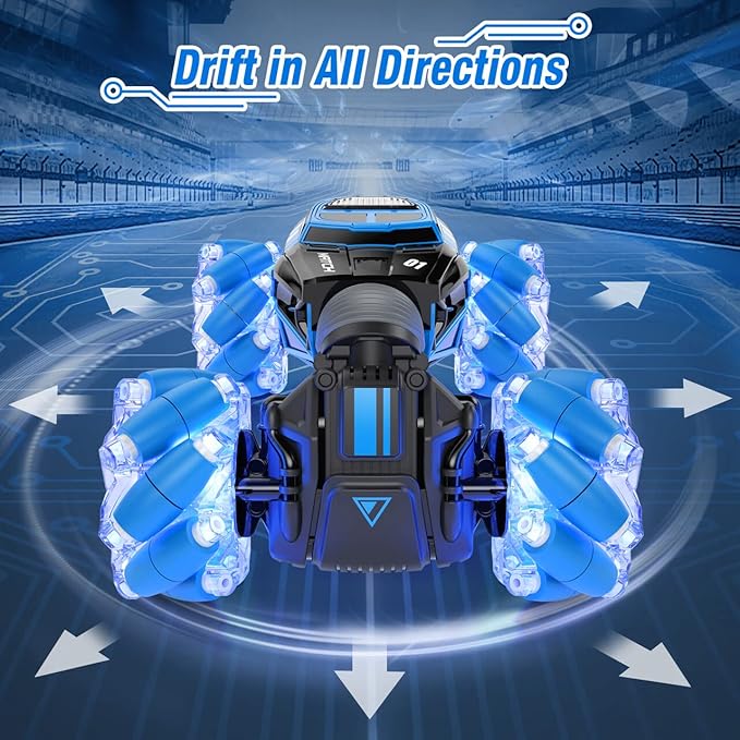 Powerextra Gesture Rc Car, 4WD 2.4GHz Remote Control Gesture Sensing Car, Double Sided 360° Rotating Off Road Rc Stunt Car with Lights & Music, Toy Car for 6-12 Year Old Boys & Girls (Blue)