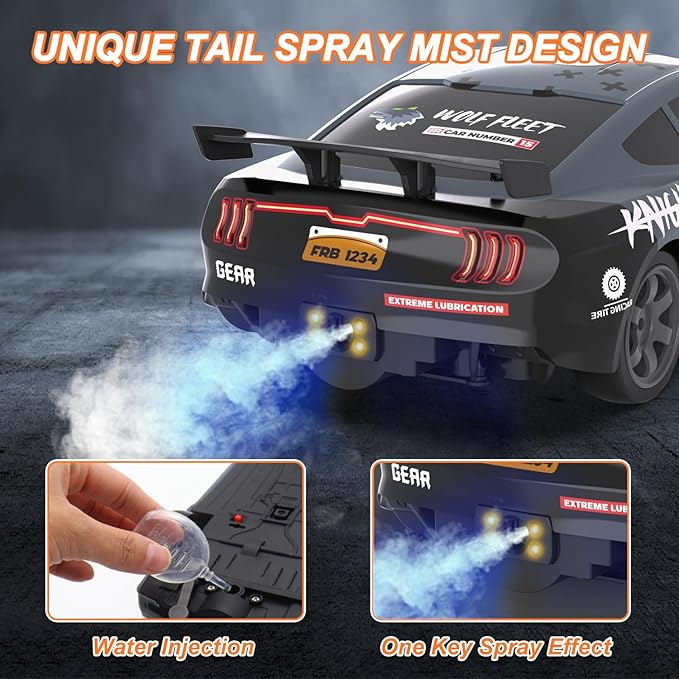 Dollox Remote Control Car 1/16 Scale RC Drift Car 2.4GHz 4WD High Speed 18+KM/H Vehicle with LED Lights and Spray, Extra Drifting Tires Racing Vehicle Toys Birthday Gifts for Adults Boys, 2 Batteries