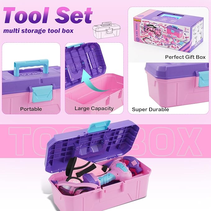 Kids Tool Set, 67 PCS Pink Kids Tool Box for Girls, Electronic Toy Drill&Tape Measure, Pretend Play Girls Toys Construction Tools Kit & Belt, Christmas Birthday Gift Ideas Toddler Tool Set Age 3 4 5+