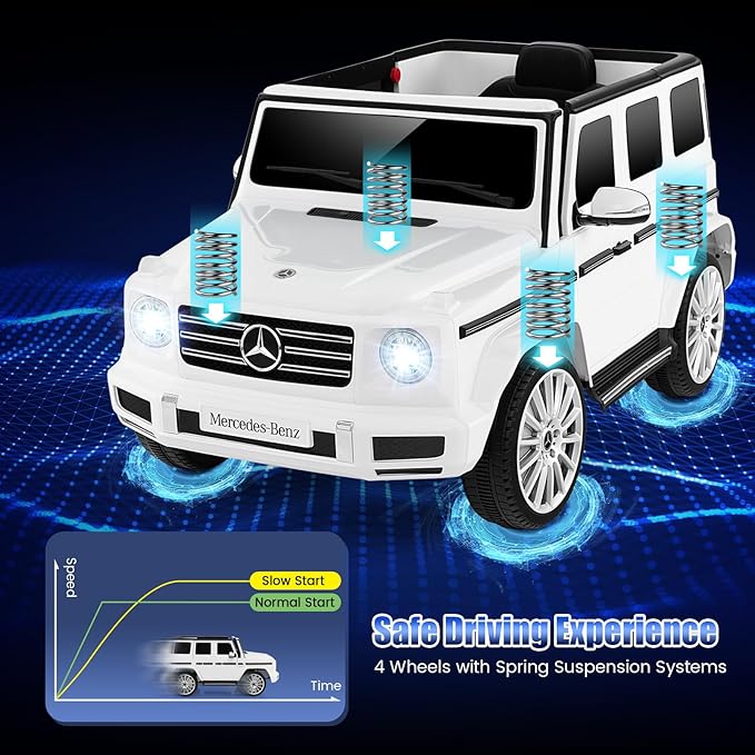 Costzon Ride on Car, Mercedes-Benz G500 Licensed Truck w/Rocking Mode, 3 Speeds, Remote, Horn, Music & LED Lights, Spring Suspension, 12V Battery Powered 4WD G Wagon Electric Vehicle for Kids (White)