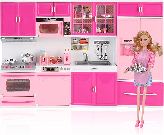 Doll Kitchen Playset for Kids, My Modern Mini Kitchen House Furniture Pretend Play Toy Accessories Set with Realistic Lights & Sounds for Toddlers, Girls (4-in-1 w/Doll)