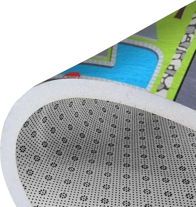 Kids Rug, Village Road Playmat Rugs - 5x7 Ft Kids Carpet with Rubber Backing, Cartoon American Style Village Theme House & Road Play Mat Nursery Rugs for Children Bedroom Playroom