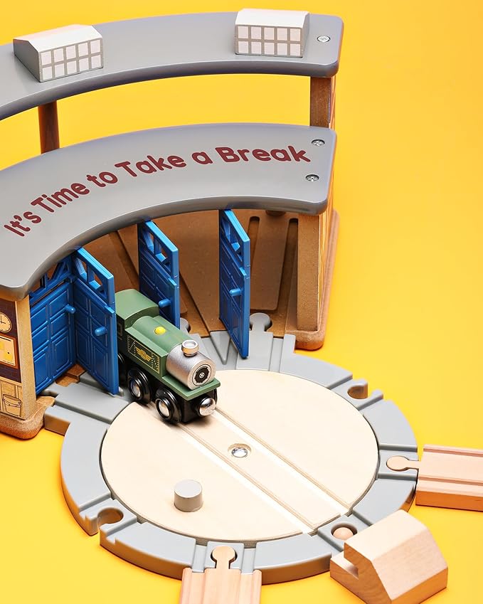 SainSmart Jr. Wooden Train Track with Roundhouse - Railway Toy for Toddlers, Double-Side Tracks Compatible with with All Major Brands - Wood Toy Train for Aged 3+