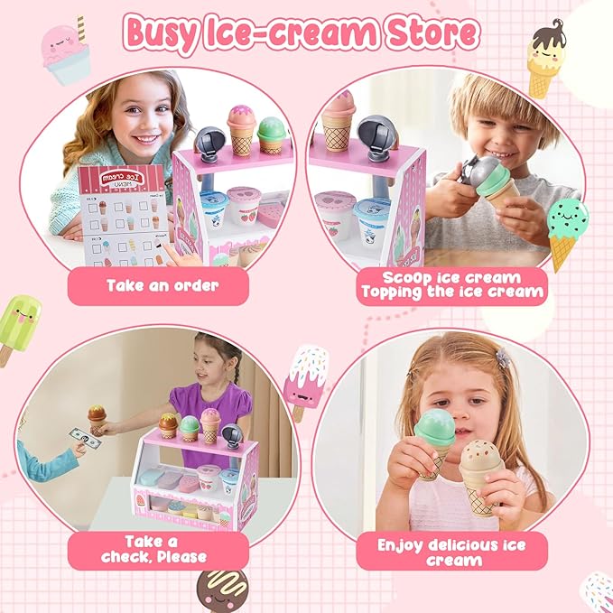WHOHOLL Wooden Ice Cream Counter Playset for Toddler Girl Toys, Play Store Pretend Toy Food Play Kitchen Accessories with Fake Money & Coin, Gifts for 3+ Year-Old Kids (Pink)