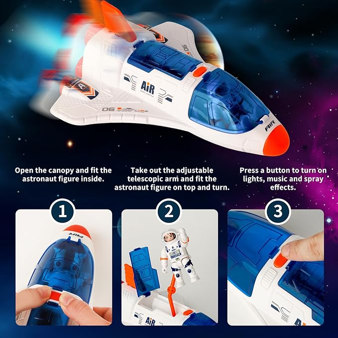 Spaceship Shuttle Toy with Astronaut Figure - Fun Rocket Ship Space Toys for Kid, Space Toys for Boys 5-8 Planet Toys with Lights Spray and Sound