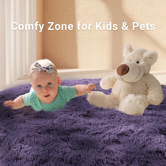 LOCHAS Luxury Round Fluffy Area Rugs for Bedroom Kids Girls Room Nursery, Super Soft Circle Rug, Cute Shaggy Carpet for Children Living Room, 5x5 Feet Grey Purple