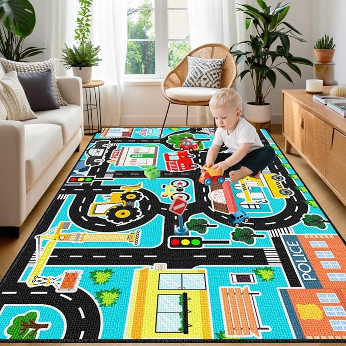 Car Rug Play Mat - Kids Play Rugs City Life Road Map Rug 5x7 Feet Large Educational Traffic Track Car Mat for Kids Toy Cars Carpet for Kid Bedroom Playroom Classroom Decor