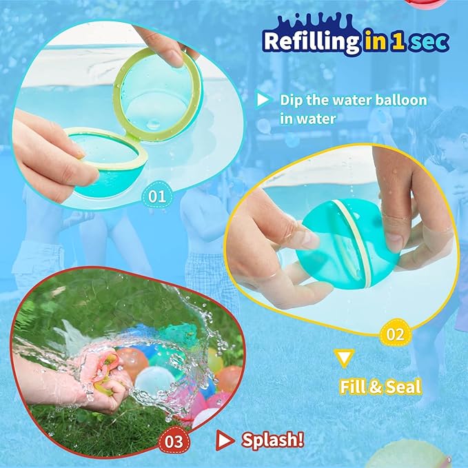 Reusable Water Balloon Pool Toys,Refillable Magnetic Water Ball for Beach,Quick Fill & Self-Sealing Water Bombs for Kids Outdoor Backyard Summer Activities Water Games (SQ-12Pcs)