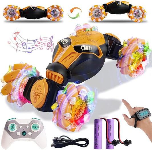 RC Cars Gesture Remote Control Car with Light Music 1:18 for Kids Age 6-12+ Hand Controlled Rc Car 2.4GHz 4WD Rc Stunt Car Gesture Sensing Double Sided Off Road Vehicle Toy Gifts(Yellow,2 Batteries)