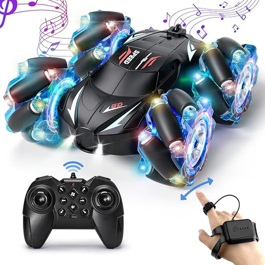 RC Stunt Car, 2.4GHz 4WD Gesture Sensing Remote Control Car with Cool Light and Music, Double-Sided 360° Flips RC Cars for Boys Age 6-12 8-12 Birthday Christmas Toy Cars(Blue)