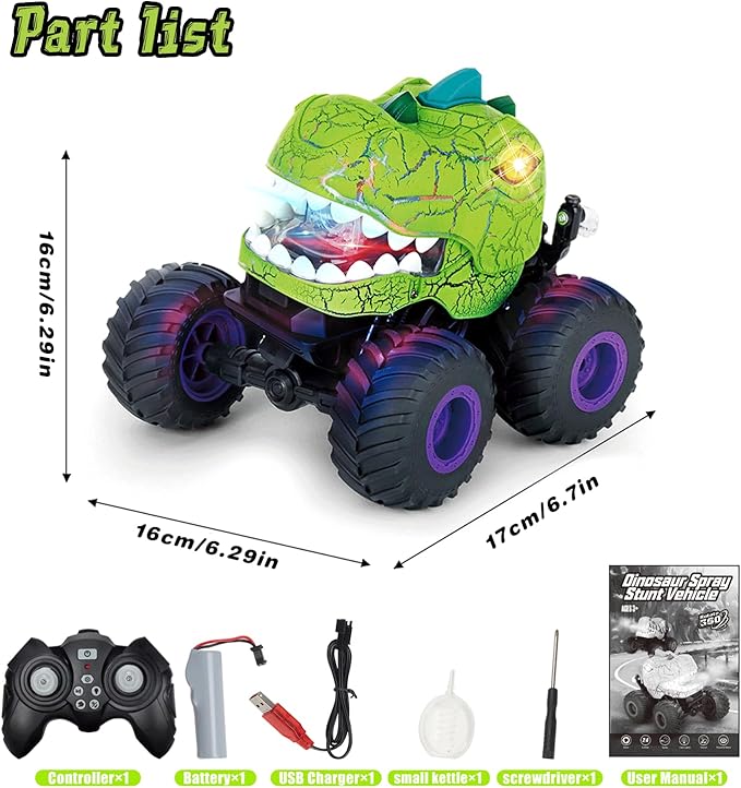 Dinosaur Remote Control Car, 360° Rotating RC Stunt Car Dinosaur Monster Truck Toys with Spray, Light & Sound,2.4GHz All Terrain Indoor/Outdoor Toys for Kids 3-12 Christmas & Birthday (Green)