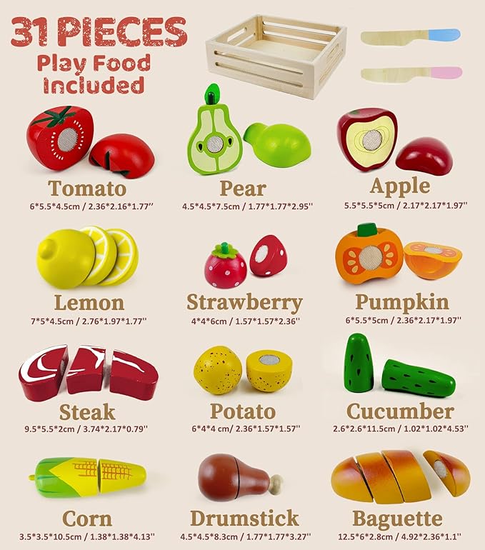 Wooden Play Food Sets for Kids Kitchen Toddlers Wood Toys Cutting Fruit Pretend Food Play Kitchen Accessories Set for Boys and Girls